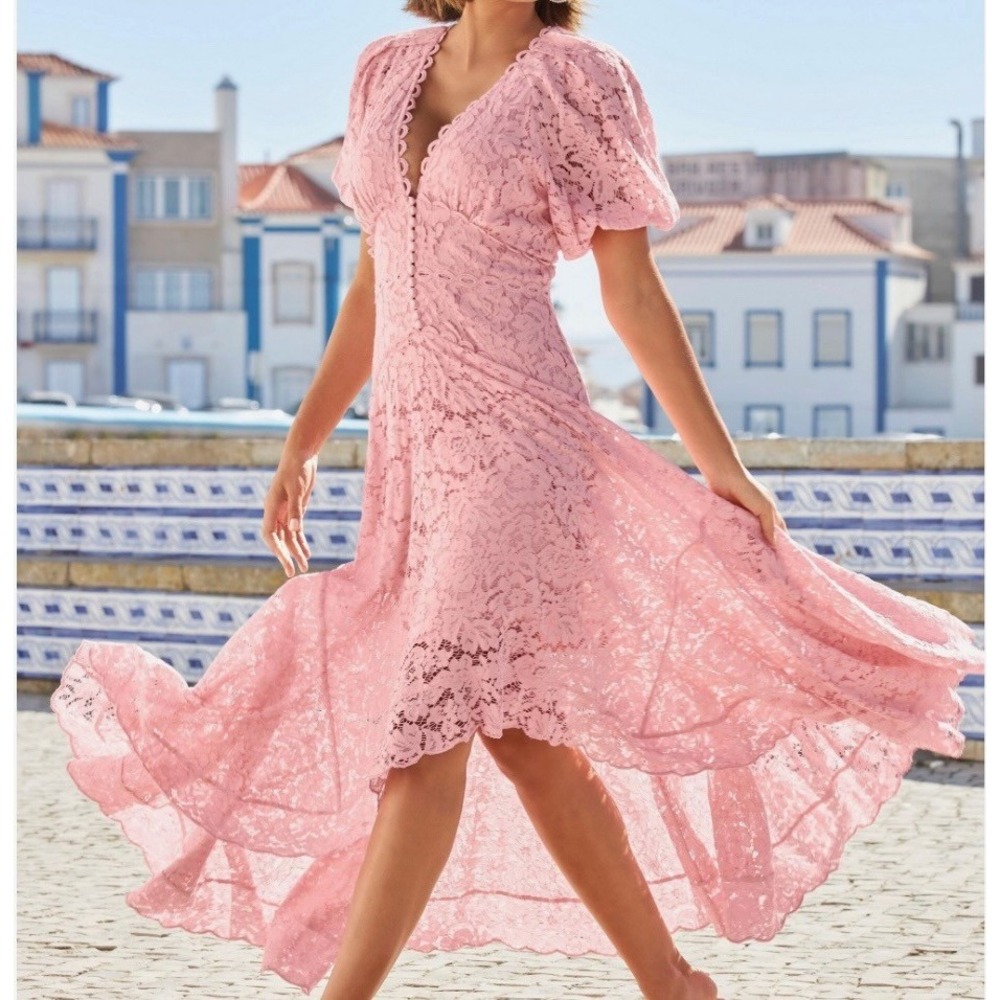 Boston Proper Puff Sleeve Lace High Low Maxi Dress Size 6 Pink Coquette Romantic